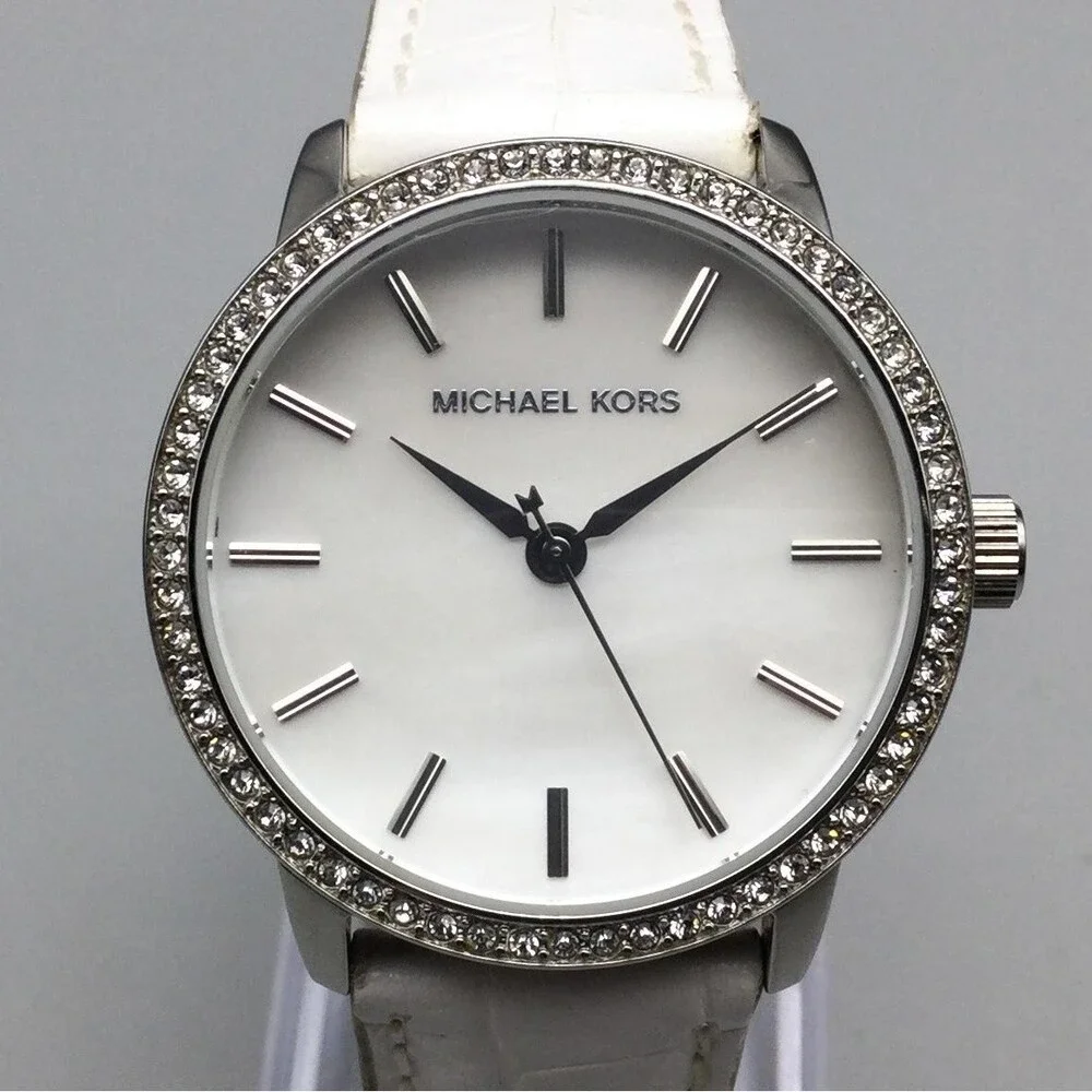 Michael Kors Womens Watch 35mm MOP Dial Crystal Leather MK-2168 New Battery